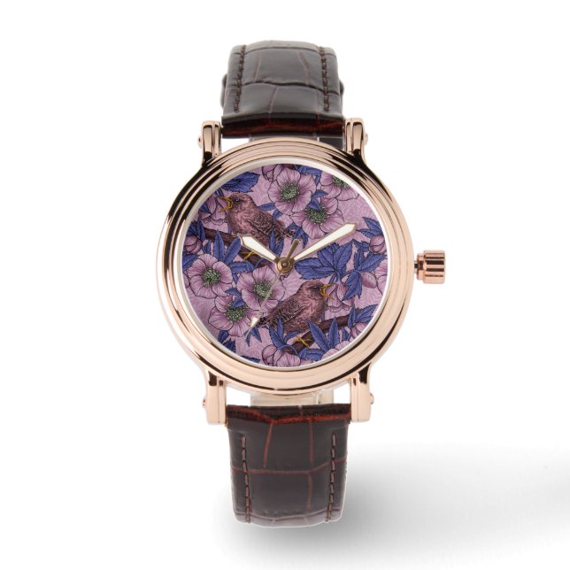 Wren and hellebore, pink and violetWren and helleb Watch (Front)