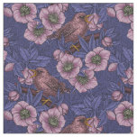 Wren and hellebore, violet and pink fabric