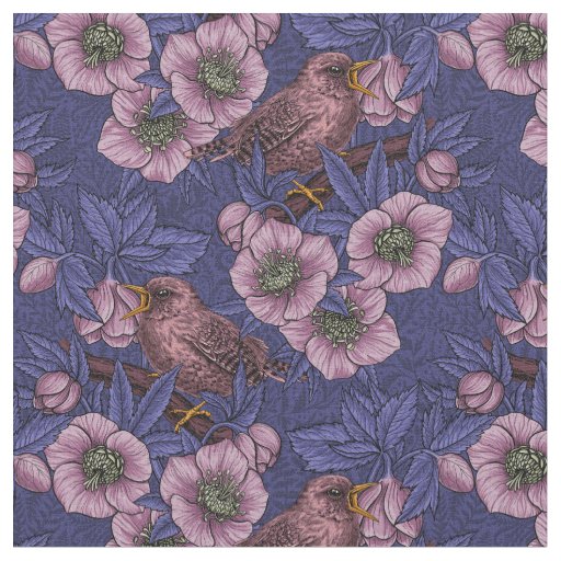 Wren and hellebore, violet and pink fabric