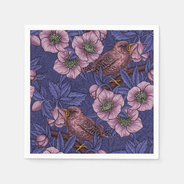 Wren and hellebore, violet and pink napkins (Front)