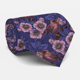 Wren and hellebore, violet and pink neck tie