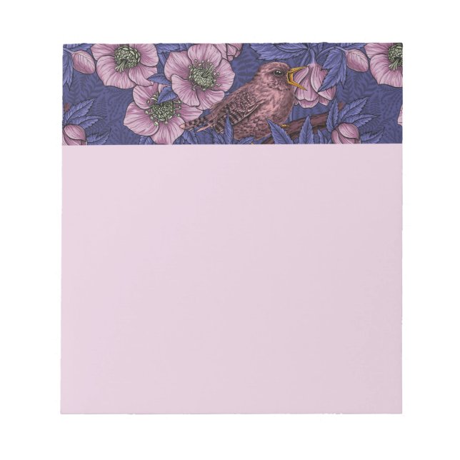 Wren and hellebore, violet and pink notepad (Front)