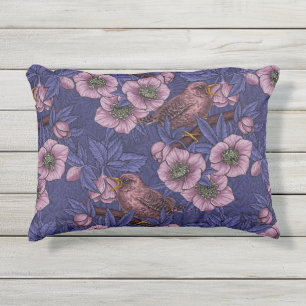 Wren and hellebore, violet and pink outdoor pillow