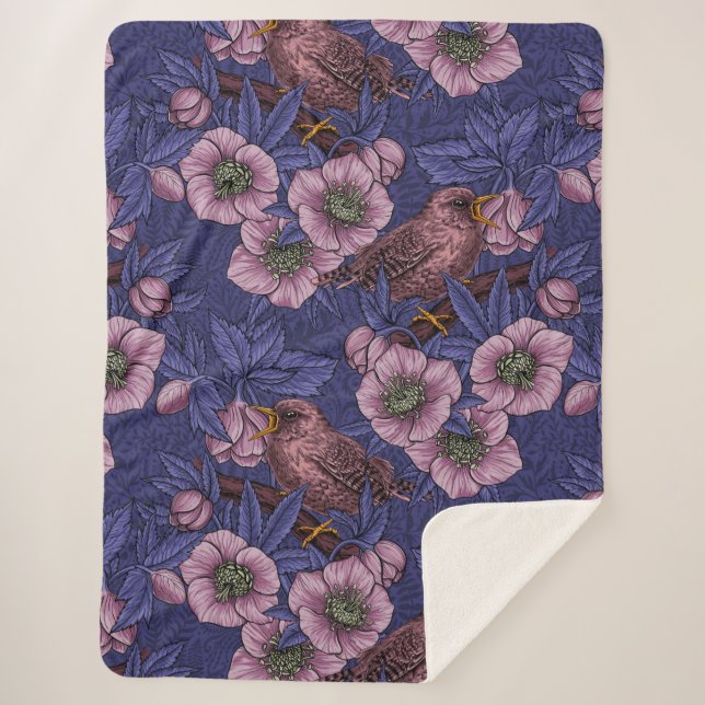 Wren and hellebore, violet and pink sherpa blanket (Front)