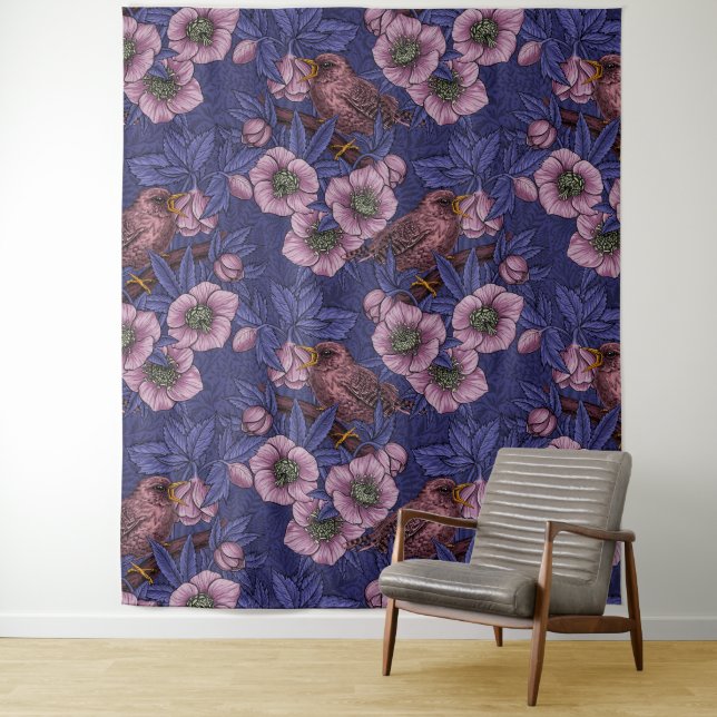 Wren and hellebore, violet and pink tapestry (In Situ)