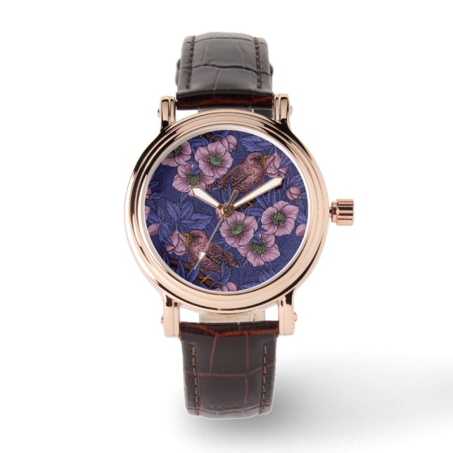 Wren and hellebore, violet and pink watch (Front)