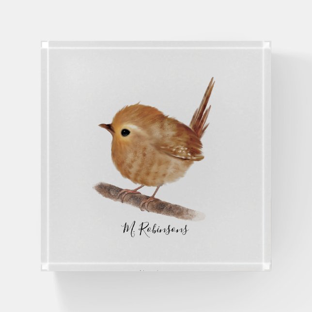 Wren Bird Monogram Script Paperweight (Front)