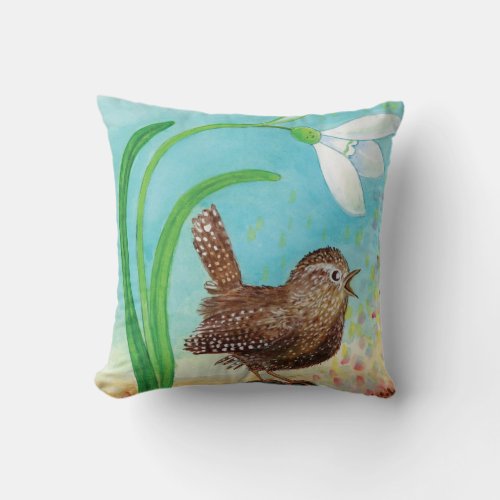 Wren Bird Sing at Dawn In the Spring   Throw Pillow