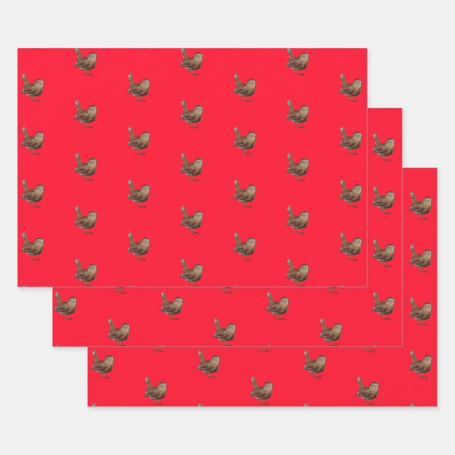 Wren Bird Singing Vivid Red Wrapping Paper Sheets (Set)