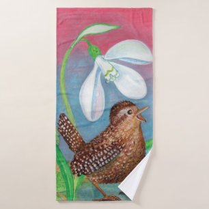 Wren Bird & Snowdrop & Spring Bath Towel