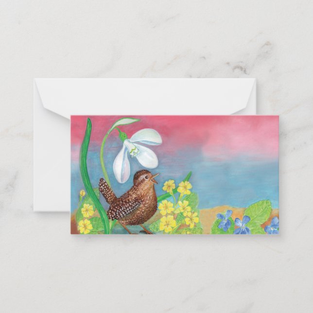Wren Bird & Snowdrop & Spring  Note Card (Front)