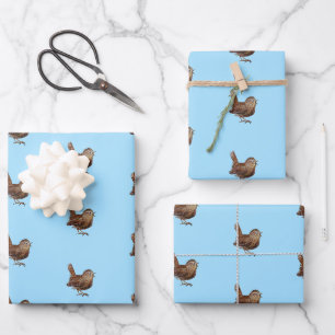 Wren Bird (Troglodytes Troglodytes) Light Blue Wrapping Paper Sheets