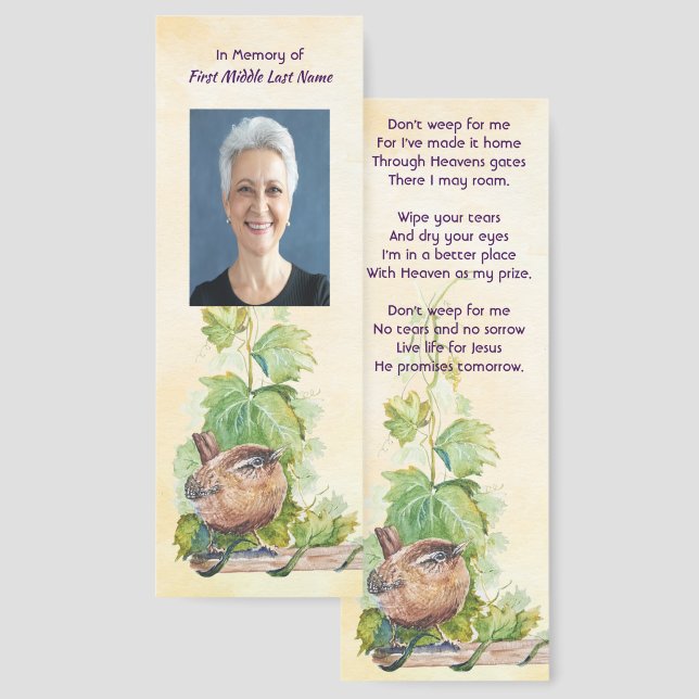  Wren Bird Vineyard Memorial Keepsake Bookmarks (Front & Back)