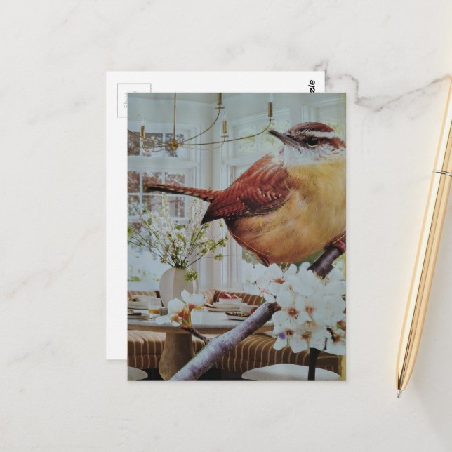 Wren in the Living Room Surreal Collage Postcard (Front/Back In Situ)