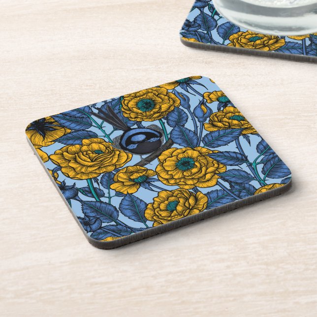 Wren in the roses beverage coaster (Left Side)