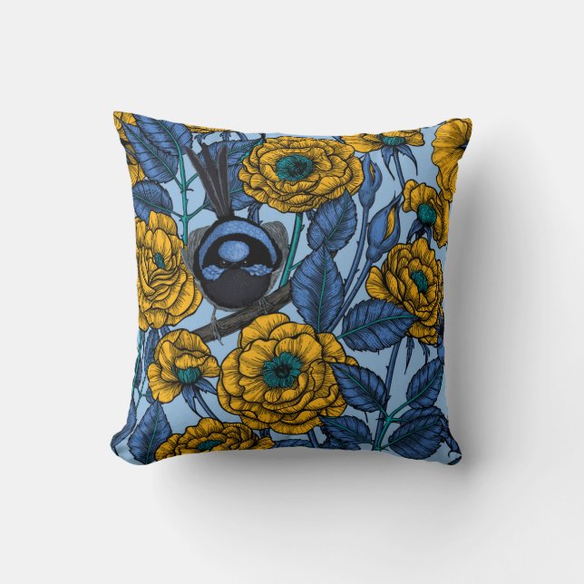 Wren in the roses throw pillow (Front)