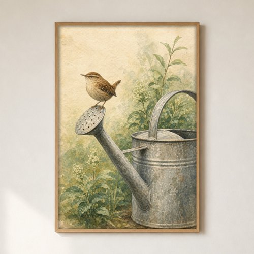 Wren on a Watering Can Watercolour Poster