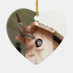 Wren Parents handing off Baby Food. Ceramic Ornament