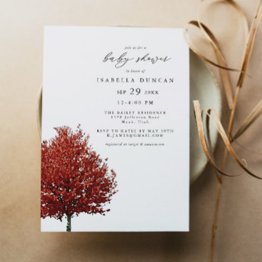WREN Red Autumn Fall Watercolor Maple Tree Baby Invitation