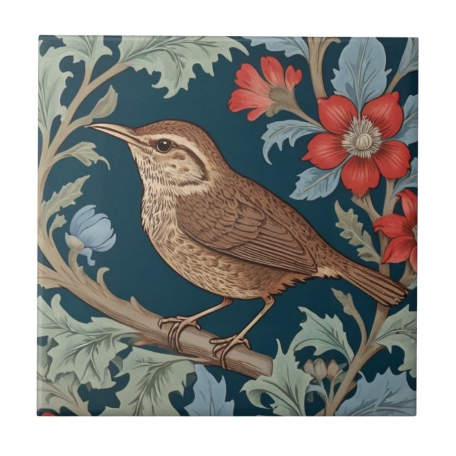 Wren William Morris style Left facing Bird Ceramic Tile (Front)