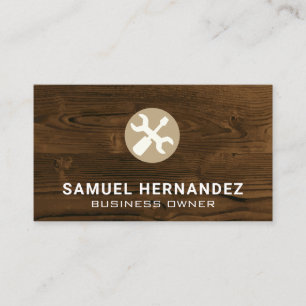 Wrench and Screw Driver   Wood Background Business Card