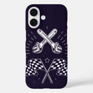 Wrench & Checkered Flag Retro Moto Mechanic iPhone 16 Case