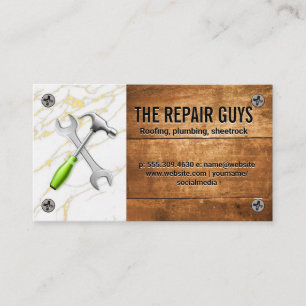Wrench Hammer Logo Marble Wood Business Card