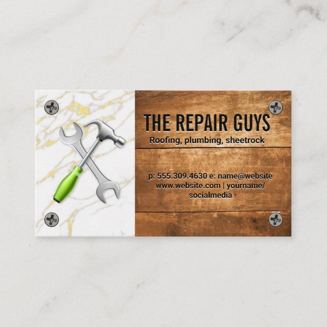 Wrench Hammer Logo | Marble Wood Business Card (Front)