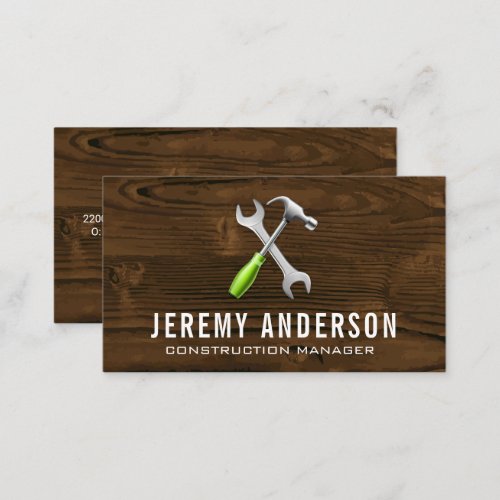 Wrench Hammer Tools  Wood Background Business Card