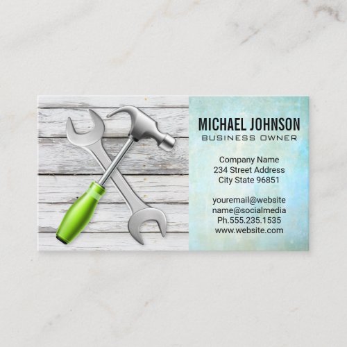 Wrench Hammer  Wood Background  Building Business Card
