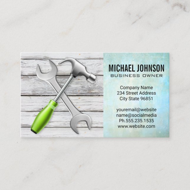 Wrench Hammer | Wood Background | Building Business Card (Front)