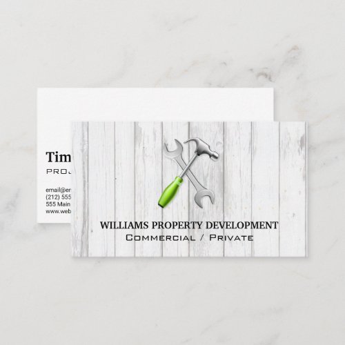 Wrench Hammer  Wood Background Business Card