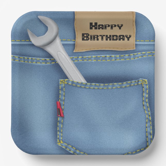 Wrench in Pocket For Birthday Paper Plates (Front)