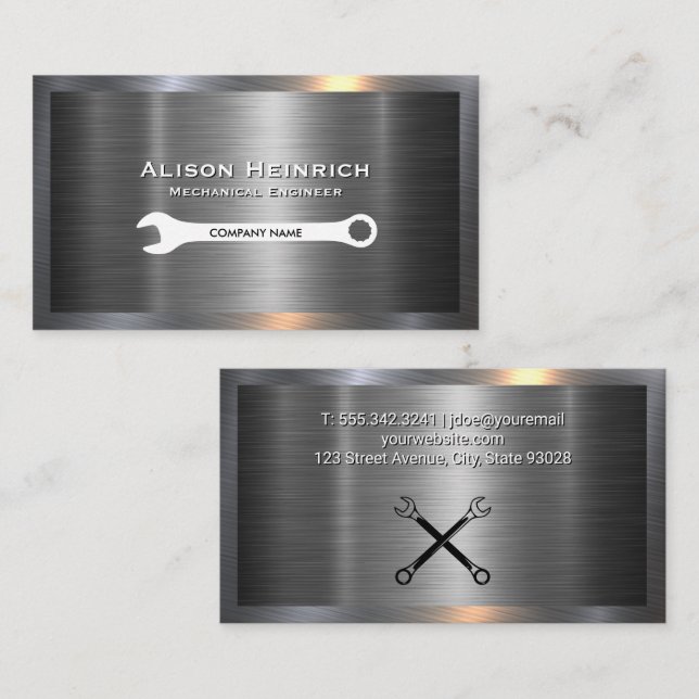 Wrench | Metallic Industrial Background Business Card (Front/Back)