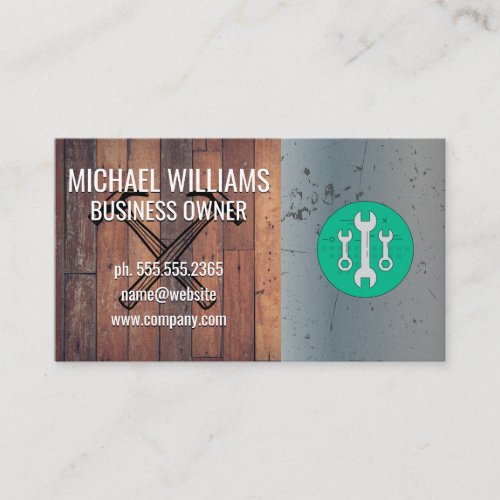 Wrenches  Wooden Background  Metallic Scratched Business Card