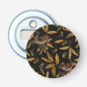 Wrens and acorns on black bottle opener