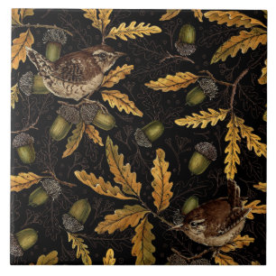 Wrens and acorns on black ceramic tile