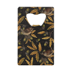 Wrens and acorns on black credit card bottle opener