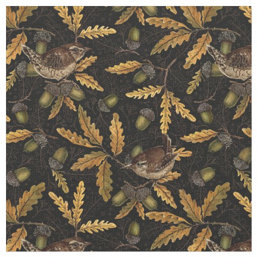 Wrens and acorns on black fabric