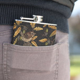 Wrens and acorns on black flask