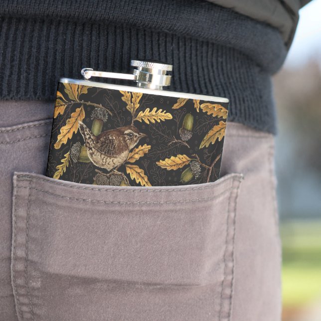 Wrens and acorns on black flask (In Situ)
