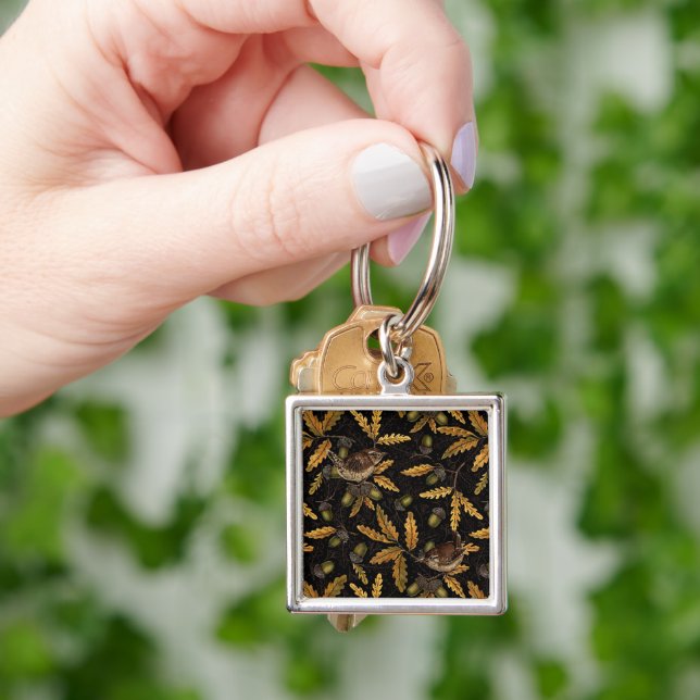 Wrens and acorns on black keychain (Hand)