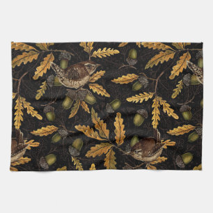 Wrens and acorns on black kitchen towel