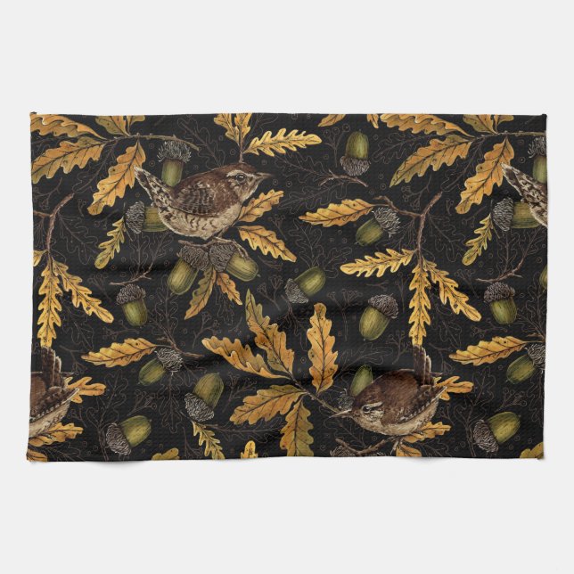 Wrens and acorns on black kitchen towel (Horizontal)