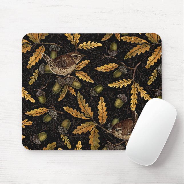 Wrens and acorns on black mouse pad (With Mouse)