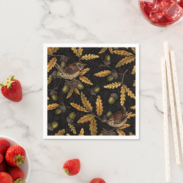 Wrens and acorns on black napkins (Insitu)