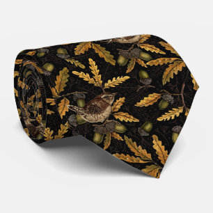 Wrens and acorns on black neck tie