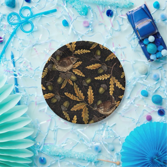 Wrens and acorns on black paper plates (Party)