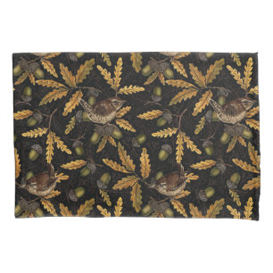 Wrens and acorns on black pillow case