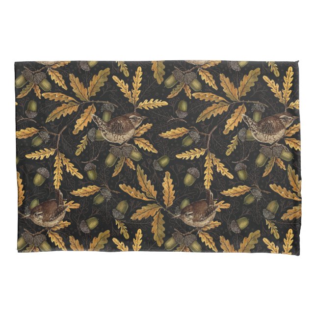 Wrens and acorns on black pillow case (Front-Left)